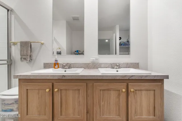 a bathroom with a double vanity sink a mirror a shower and vanity