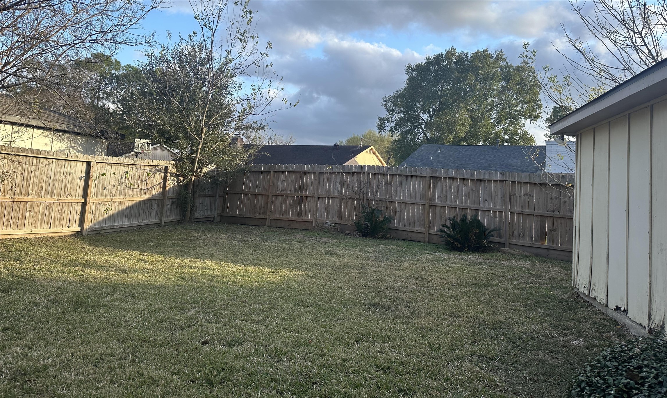 12331 Scarcella Lane Meadows Place, TX 77477 - Photo 13 of 13 A cozy backyard with a wooden fence, mature trees, and a well-maintained lawn. Ideal for outdoor activities and quiet relaxation.