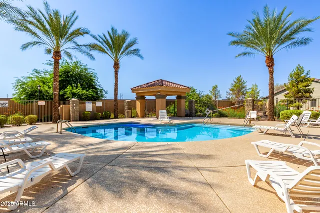 a view of swimming pool with palm trees