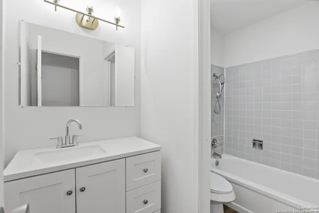 a bathroom with a toilet a sink a mirror a bathtub and vanity