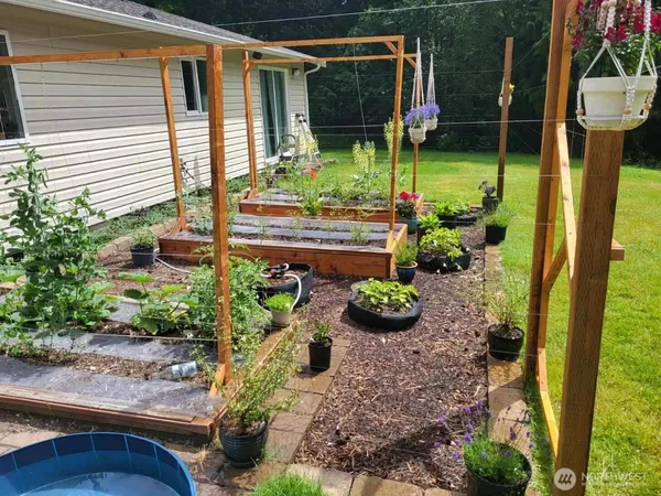 a backyard of a house with table and chairs
