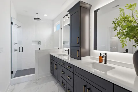 a bathroom with a double vanity sink and shower