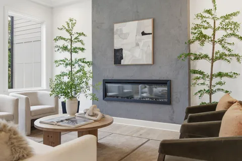 a living room with furniture and a potted plant