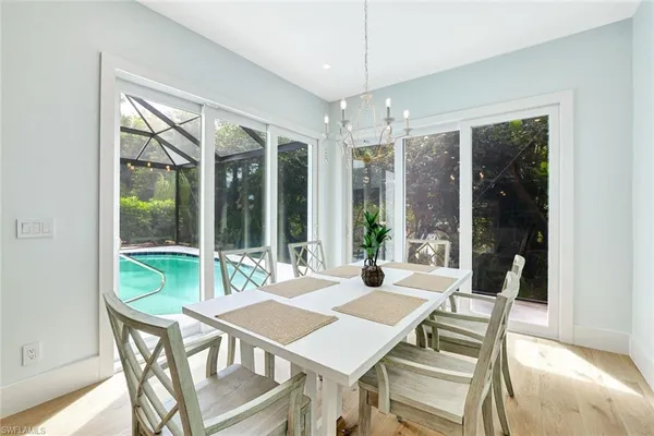 a view of a dining room with furniture large windows and wooden floor