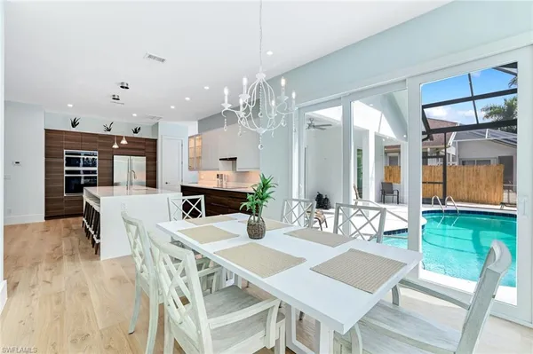 a view of a dining room with furniture window and wooden floor