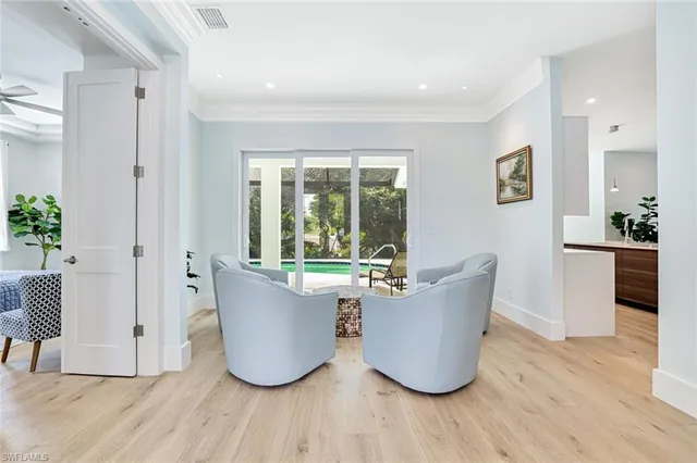 a living room with a couch and a potted plant