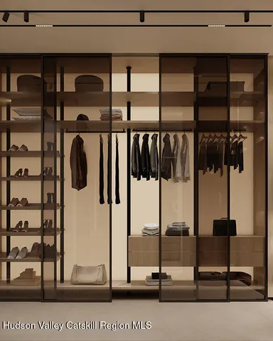 a black and white building with black door