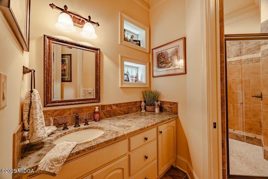 601 River Overlook Forsyth, GA 31029 - Photo 37 of 85 a bathroom with a granite countertop double vanity sink and a mirror