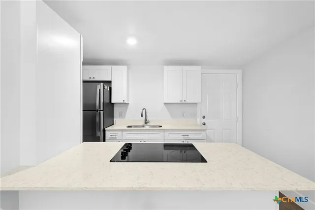 a kitchen with a sink a refrigerator and white cabinets