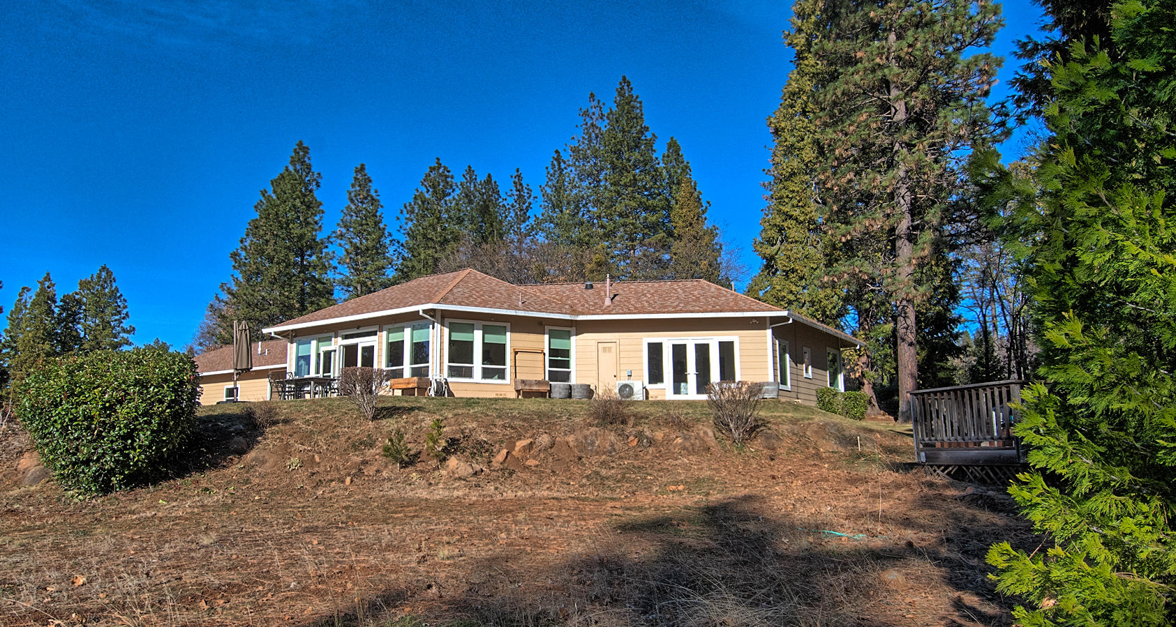 a front view of a house with a yard and trees