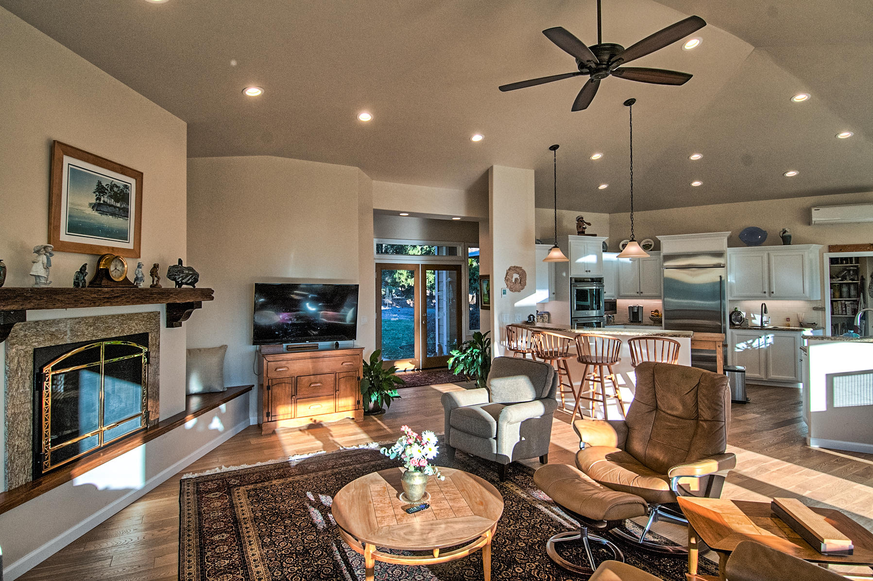 32505 Forwards Ml Road Manton, CA 96059 - Photo 43 of 70 a kitchen with stainless steel appliances granite countertop a stove and a view of living room with fireplace