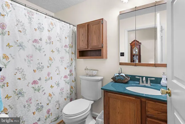 a bathroom with a granite countertop sink a toilet and a mirror