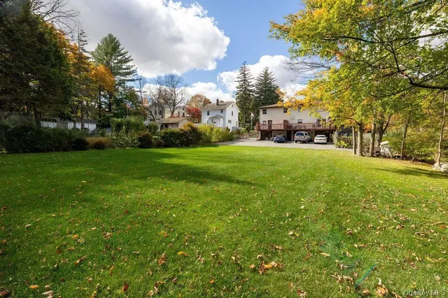 a view of a park with large trees