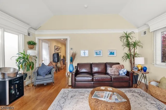 a living room with furniture and a potted plant
