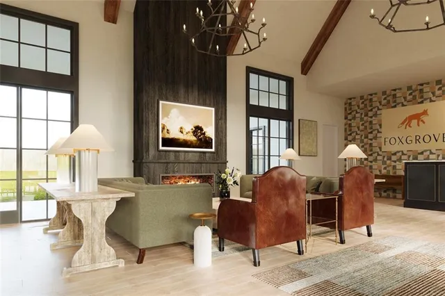 a living room with furniture and a table