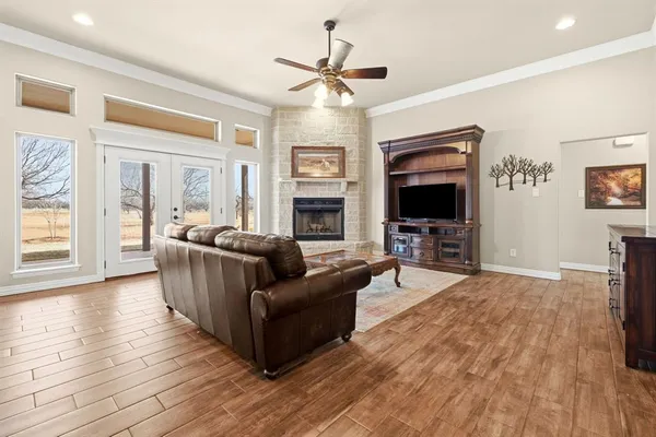 a living room with fireplace furniture and a flat screen tv
