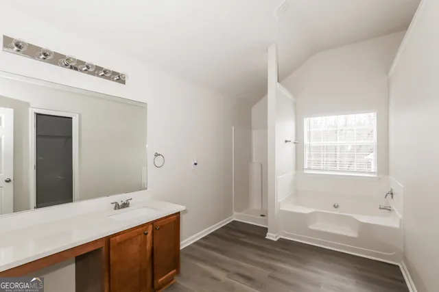 a bathroom with a tub sink and mirror