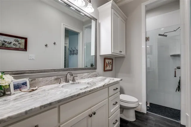 a bathroom with a granite countertop sink a toilet and a mirror