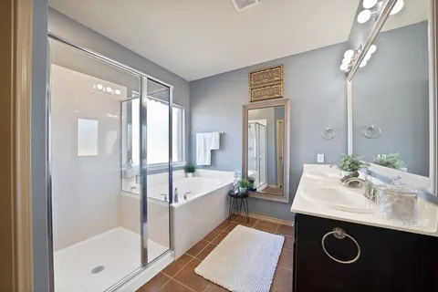 a bathroom with a tub sink and mirror