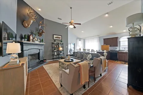 a living room with fireplace furniture and a fireplace