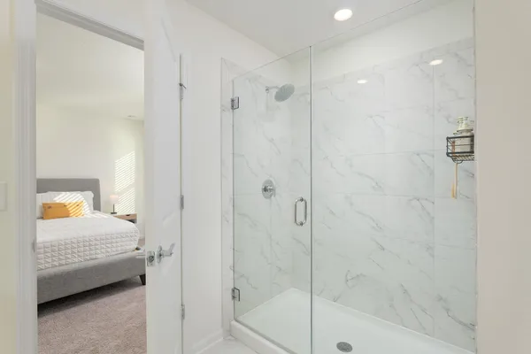 a bathroom with a shower and a tub