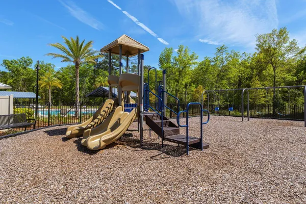 a view of a park with slide