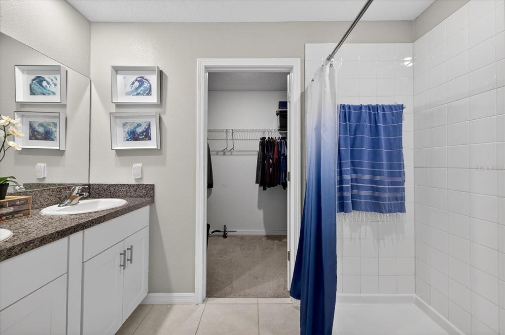 6115 Apple Snail Avenue New Port Richey, FL 34653 - Photo 18 of 59 a bathroom with a granite countertop sink a mirror and a shower