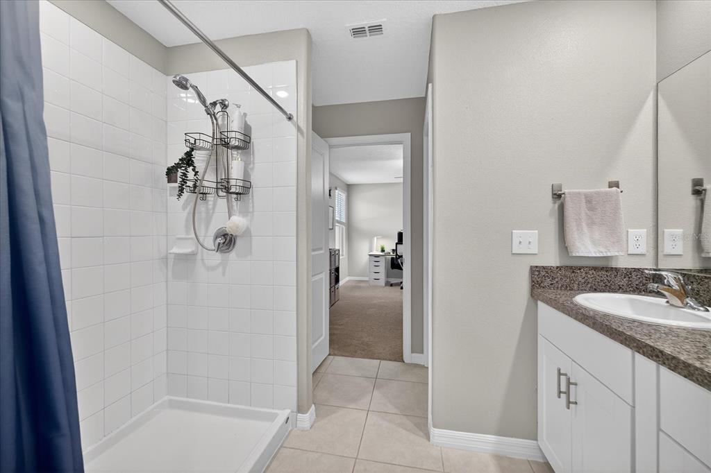6115 Apple Snail Avenue New Port Richey, FL 34653 - Photo 37 of 59 a bathroom with a granite countertop sink a mirror and shower