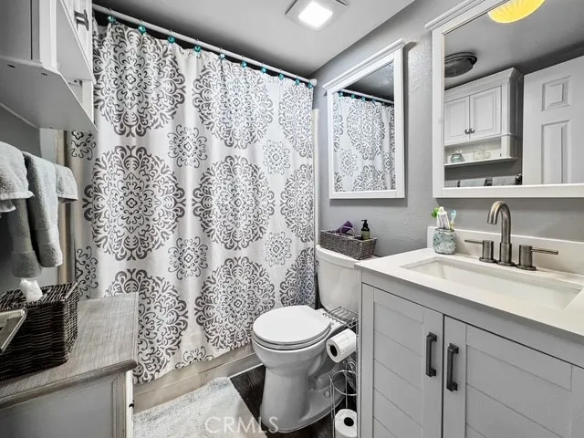 a bathroom with a sink toilet a mirror and shower curtain