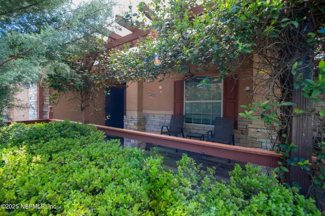a view of a backyard with plants and large trees