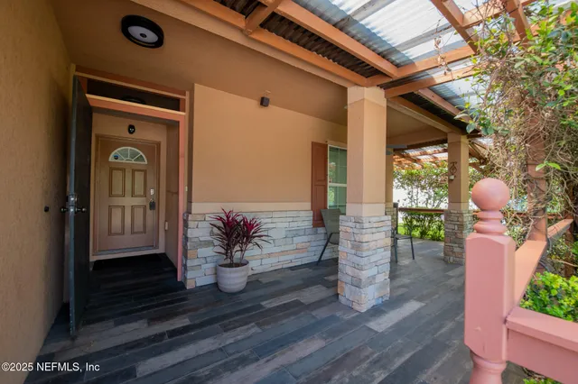 a porch with seating space