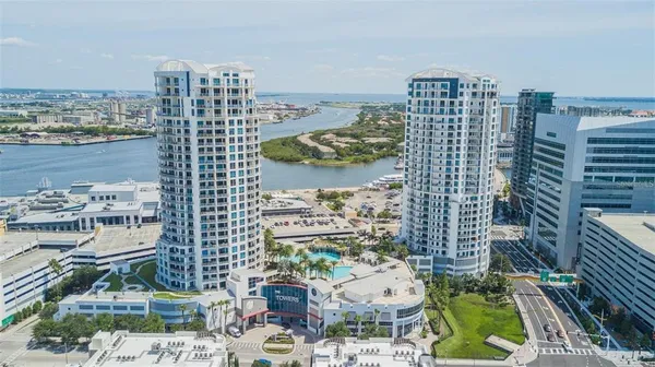 a view of a city with tall buildings