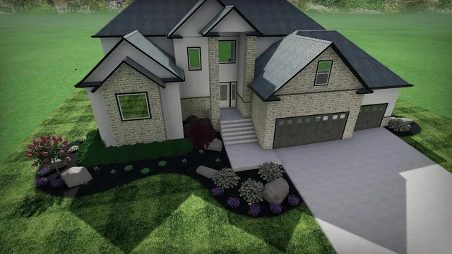 a front view of a house with a garden and plants