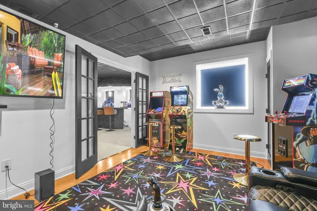 a view of a hallway with cabinet