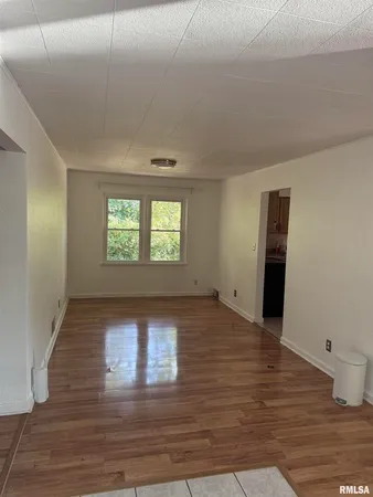 a view of empty room with wooden floor and fireplace