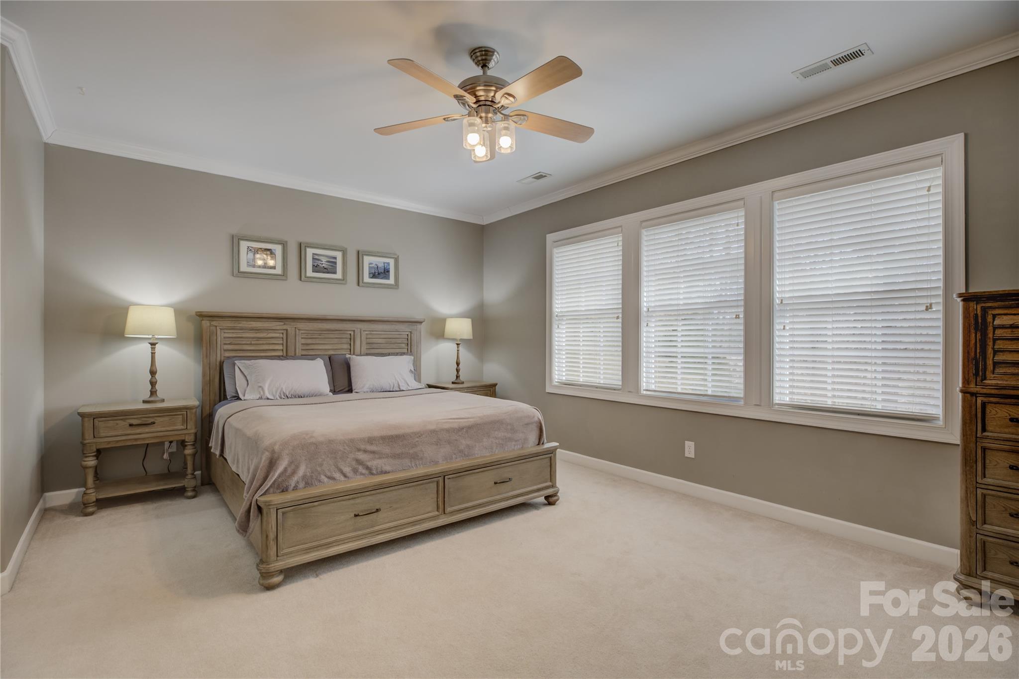 16624 Turtle Point Road Charlotte, NC 28278 - Photo 24 of 46 a spacious bedroom with a large bed and a chandelier fan