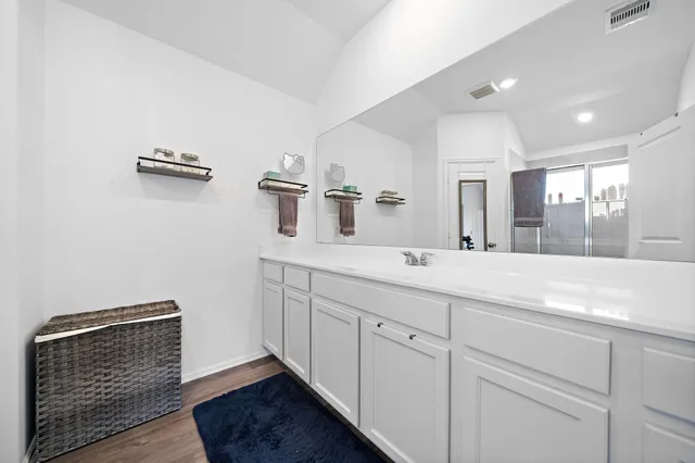 a bathroom with a sink a large mirror and vanity