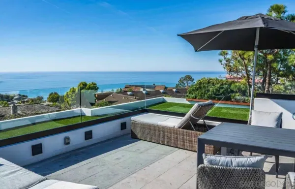 an outdoor sitting area with furniture and city view