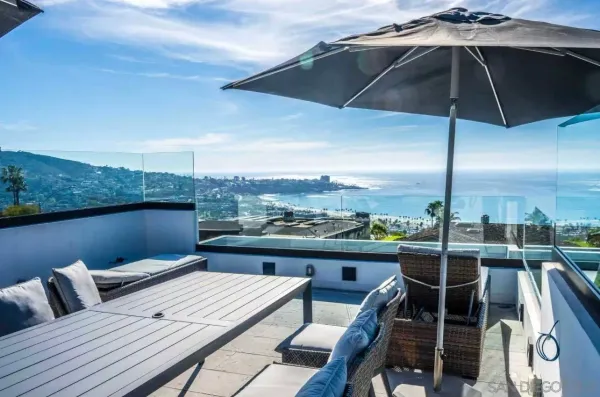 a view of a terrace from seating space