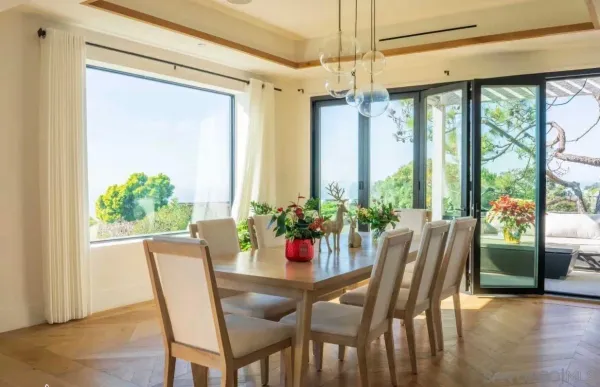a view of a dining room with furniture window and wooden floor