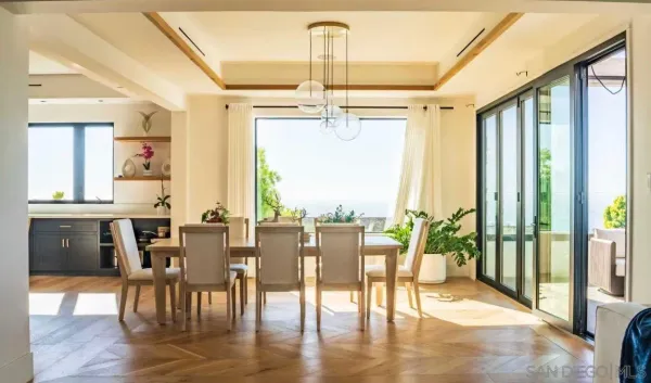 a view of a dining room with furniture window and wooden floor