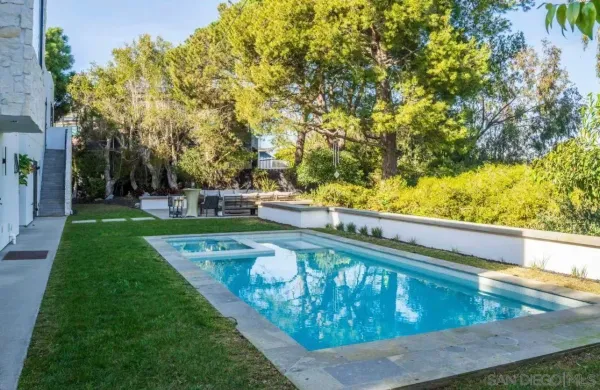 a view of a swimming pool with a yard
