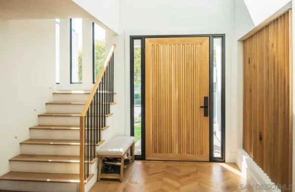 a view of staircase with large window
