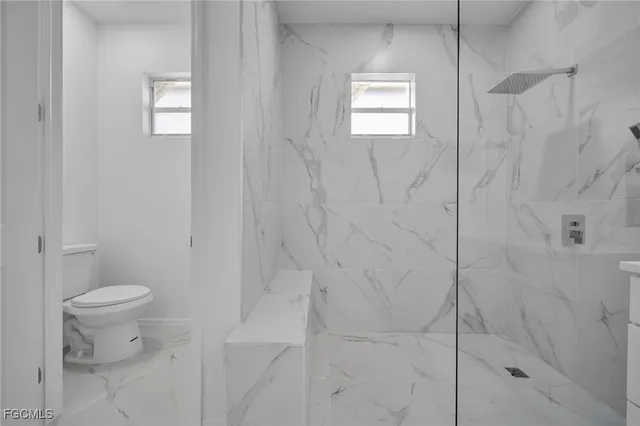 a bathroom with a toilet and a shower