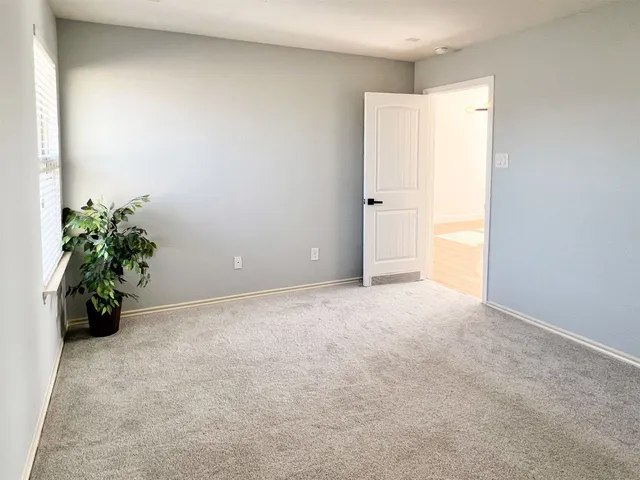 an empty room with potted plants