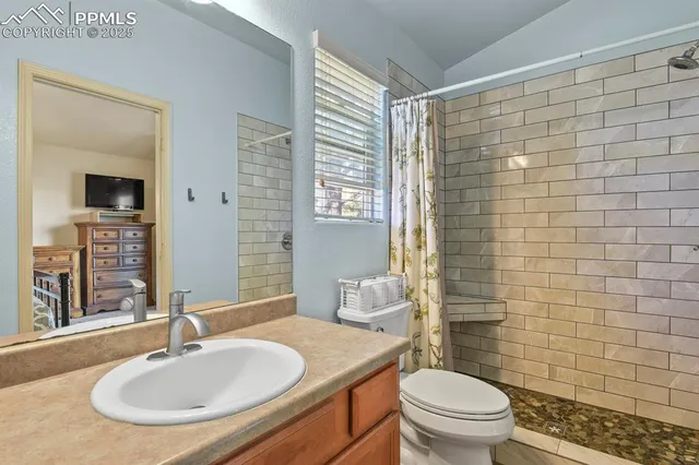 a bathroom with a sink a toilet and shower