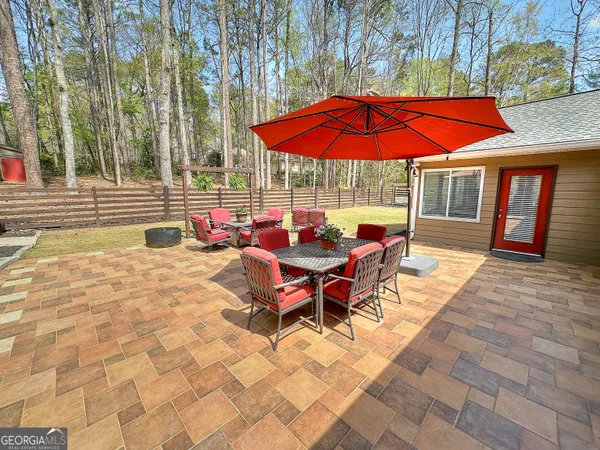 an outdoor space with furniture