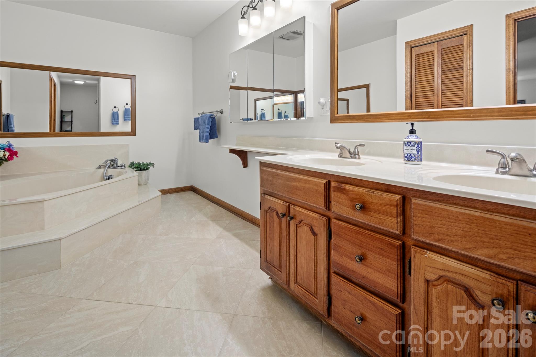 119 Rome Court Lake Lure, NC 28746 - Photo 18 of 31 a spacious bathroom with double vanity a mirror a bathtub and double vanity