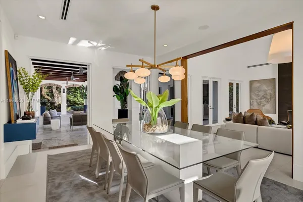 a view of a dining room with furniture wooden floor and chandelier