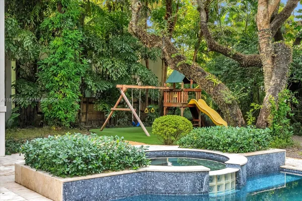 a view of yard with green space and seating